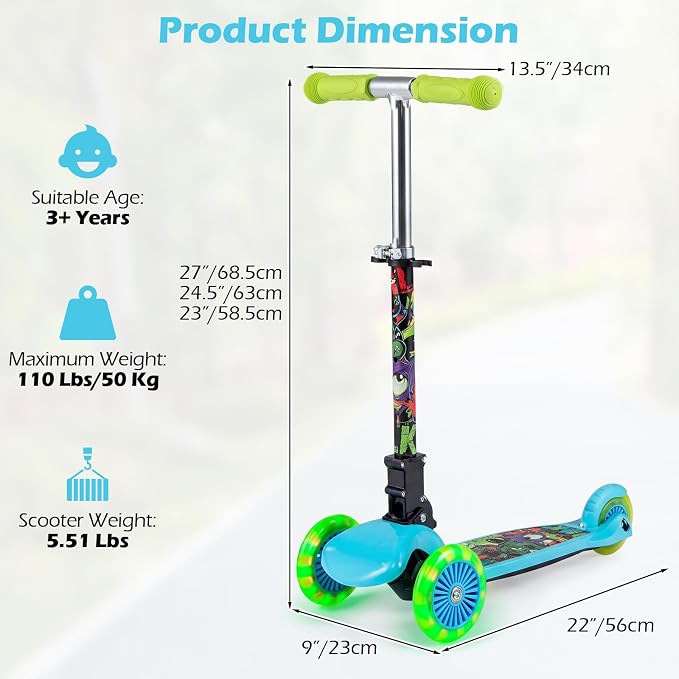 OLAKIDS Kids Kick Scooter with LED Front Wheels, 3-Level Adjustable Handlebars, Lean-to-Steer Design, Rear Foot Brake, Wide Anti Slip Deck, 3-Wheel Scooter for Kids Ages 2-5
