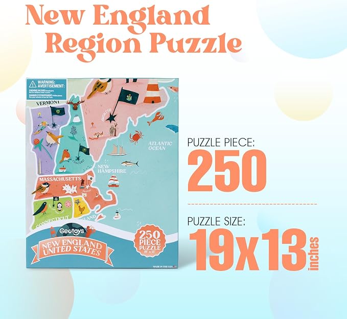 Geotoys New England Region Jigsaw Puzzle - Educational and Interactive Map Game - 250 Piece Puzzles - Jigsaw Puzzles for Kids Ages 8-12 - Kids Puzzle Games with Colorful Landmarks