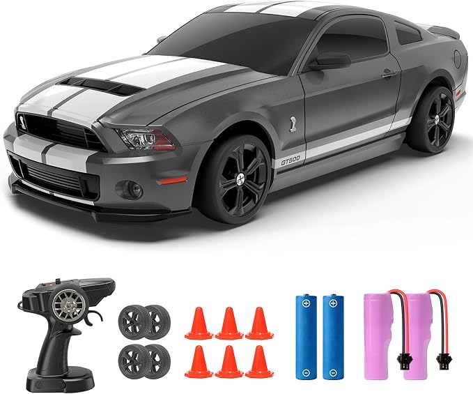 YONCHER RC Drift Car, Remote Control Car for Kids Ford Mustang Shelby GT500 Officially Licensed, 1:24 20KM/H 4WD with Lights, Fast Racing Toy Car for Boys Girls, Gray