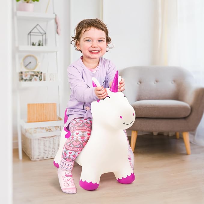 Bouncy Unicorn Hopping Toys for Kids, Inflatable Bouncing Animal Hopper, Outdoor Indoor Ride On Horse Bouncer, Boys Girls Birthday Gift for 18 Months 2 3 4 5 6 Years Old Toddler