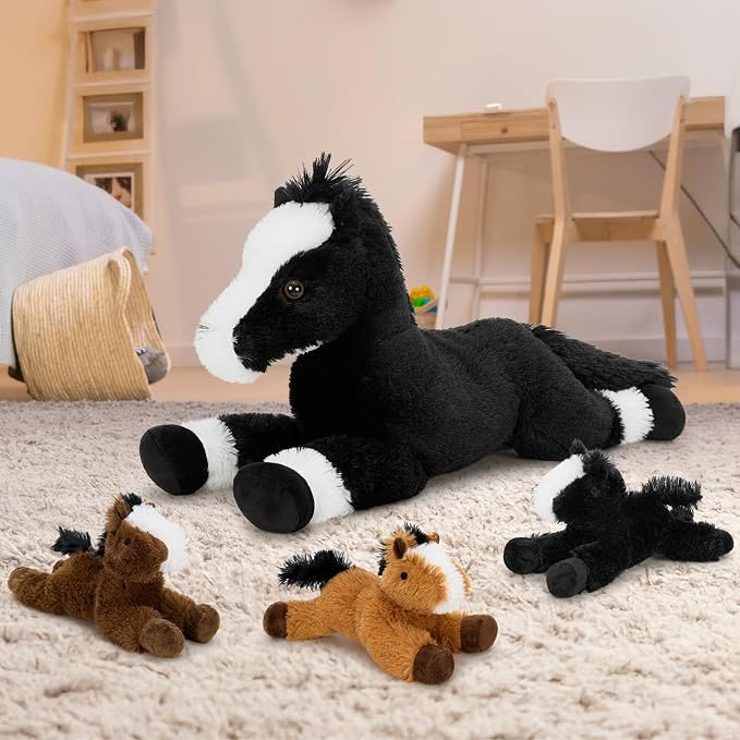 Tezituor 4Pcs Horse Stuffed Animal Set, 21inch Large Stuffed Mommy Horse with 3 Babies Pony Toys for Boys Girls, Black Stuffed Pony Plush Pillow Birthday Party Gift for Kids
