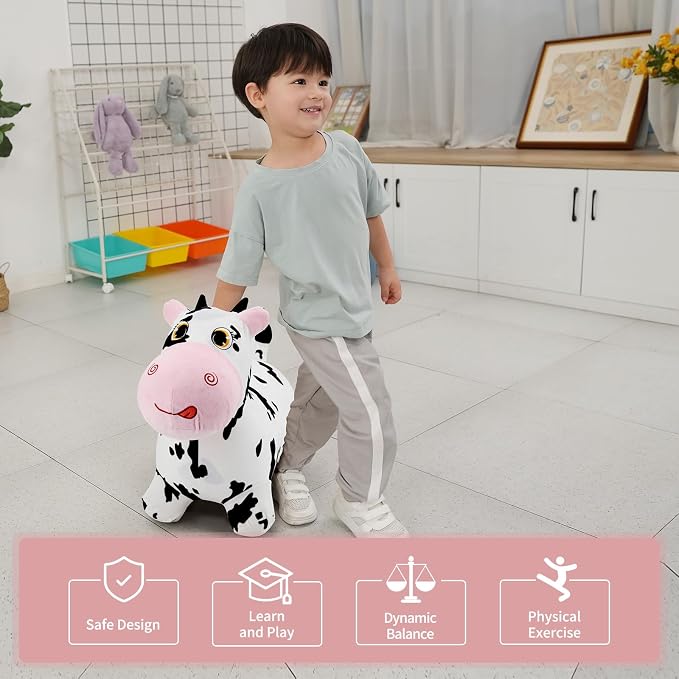 INPANY Bouncy Cow Farm Animal Hopping Toys for 2 Year Old Girl Gifts, Plush Kids Inflatable Jumping Horse, Ride on Toddler Bull Hopper, Outdoor Indoor Rubber Bouncer for 3 4 Yr Boy Birthday
