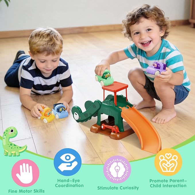 Dinosaur Car Ramp Slide Toy for Toddlers — 4 Push Cars with Race Track, Baby Slide Indoor Toy, Montessori Learning Birthday Gift for Boys Girls 1 2 3 Year Old (Green)
