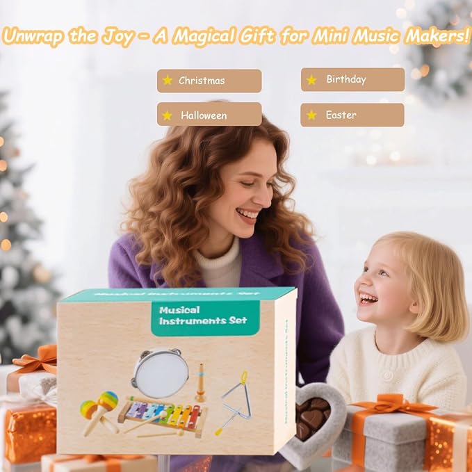 Toys for 1 2 Year Old Boys Girls Birthday Gifts, Wooden Musical Instruments for Toddlers 1-3, Educational Baby Drum Set with Xylophone & Maracas and More, Music Toys for Toddler Preschool
