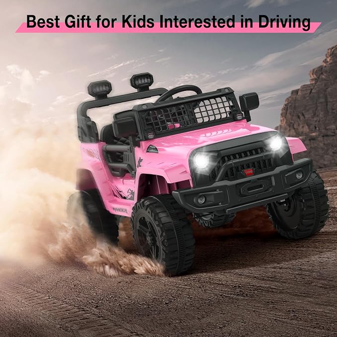 GarveeLife 12V Kids Electric Ride On Truck Car w/Parent Remote Control, Spring Suspension, LED Lights & AUX Port | Outdoor Ride Toy for Boys Girls