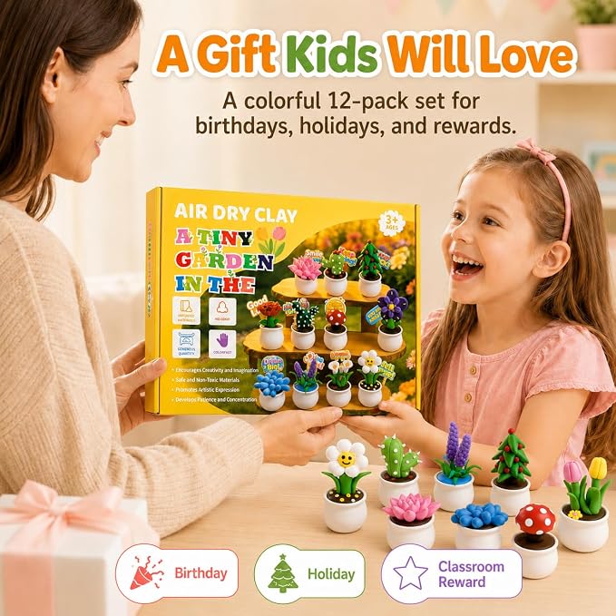 Air Dry Clay Kit for Kids, 12 Plants Modeling Magic Clay Sculpting Tools | Ultra-Light & Soft, Safe and Non-Sticky, DIY Flower Arts Craft Set, Home Party Favors Birthday Back to School Gift for Age 3+