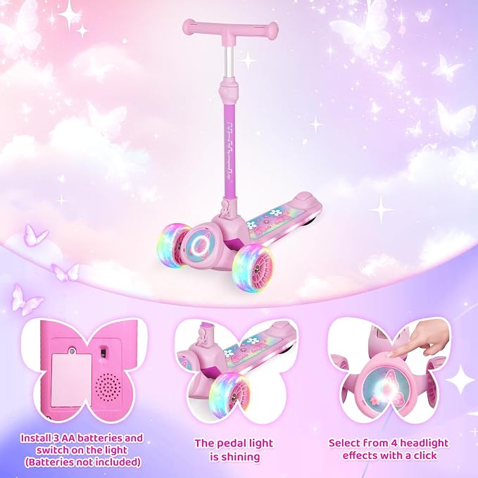 Nattork Kids Scooter for Girls with Light Up Wheels, Deck and Headlight, Wide Anti-Slip Deck and T-bar Handle with Rear Foot Brake, Adjustable Height 3 Wheel Scooter for Kids Ages 3+ and up to 220Lbs
