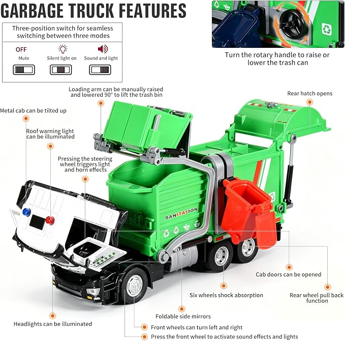 Garbage Truck Toys Diecast Metal Cab Front Loader Waste Management Garbage Truck for Kids and Toddlers Pull Back Trash Truck Toy Set with Lights and Sounds Garbage Truck Toys for Boys Age 4-7