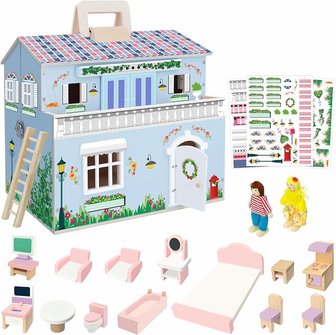 SIMPLIPLAY DIY Portable Wooden Dollhouse, Pretend Play Doll House Set with 4 Rooms, 13 Furnitures, 2 Dolls, 3 Sticker with 2 Styles, 1 Wooden Ladder, Doll House for 3+ Year Old Kids Boys Girls Gift