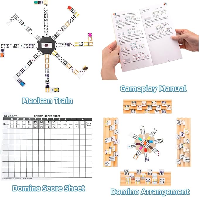 Doreimi Upgraded Mexican Train Dominoes Set with 8 Wooden Holders, Double 12 Dominos Set for Kids, Adults Travel Domino Train Set with 91 Tiles and Carry Case, Classic Board Games for Family Night