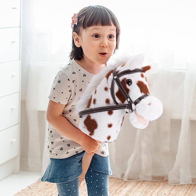 Linzy Toys 35.5" Plush Stick Horse - Funny Hobby Horse with Pony Sound, Soft Realistic Mane & Durable Leather Reins, Pretend Play Riding Toy for Boys & Girls Ages 3+ (Spotted)