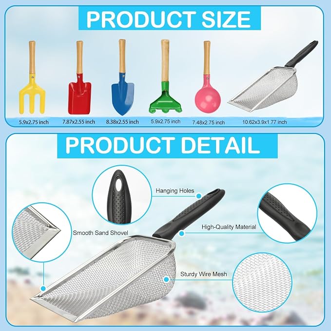 Mototo 18 PCS Collapsible Sand Toys, Kids Beach Sand Toy Sifter Set Shark Tooth Sifter Beach Mesh Shovel with Shell Bags Collapsible Bucket Kids Garden Tools for Shells Sandbox Collecting Shark Tooth