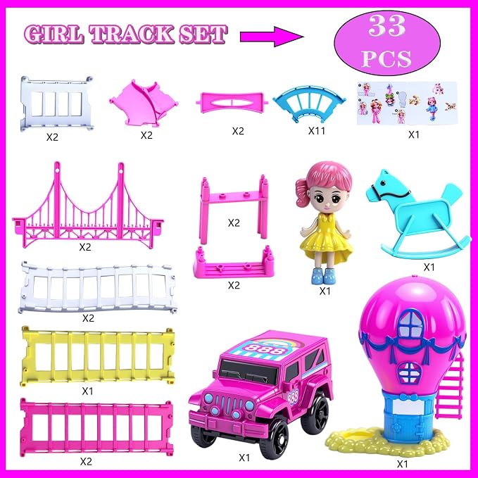 Race Tracks Toys for 3 4 5 6 Year Old Girls Kids, Princess Track Car Mode Game W/1 Electric Truck Car, Birthday Gift Toddler Cars Toy for 2-5 Year Old Girl Boy(Pink)