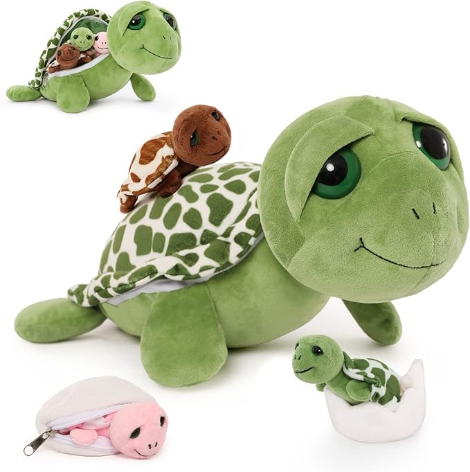 6Pcs Sound Turtle Plush Toy, 14" Talking Mother Turtle Stuffed Animal with 3 Baby Tortoise & 2 Eggs, Stuffed Educational Sea Creature for Kids, Ocean Plushies Gift for Birthday Christmas