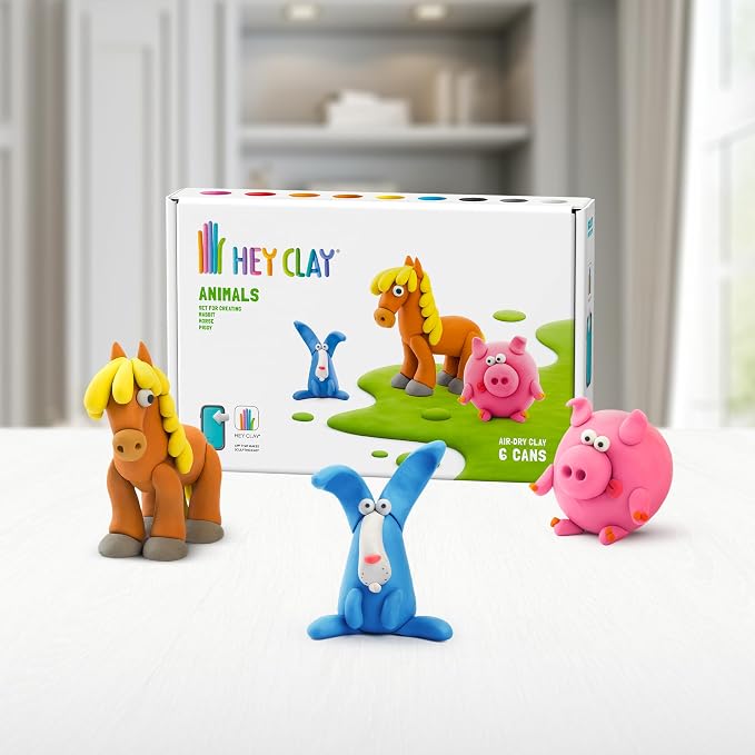 HEY CLAY Colorful Modeling Air Dry Clay for Kids 6 cans with Fun Interactive Instructions App - Kids Activities Age 3+ (Animals: Piggy, Horse, Rabbit)