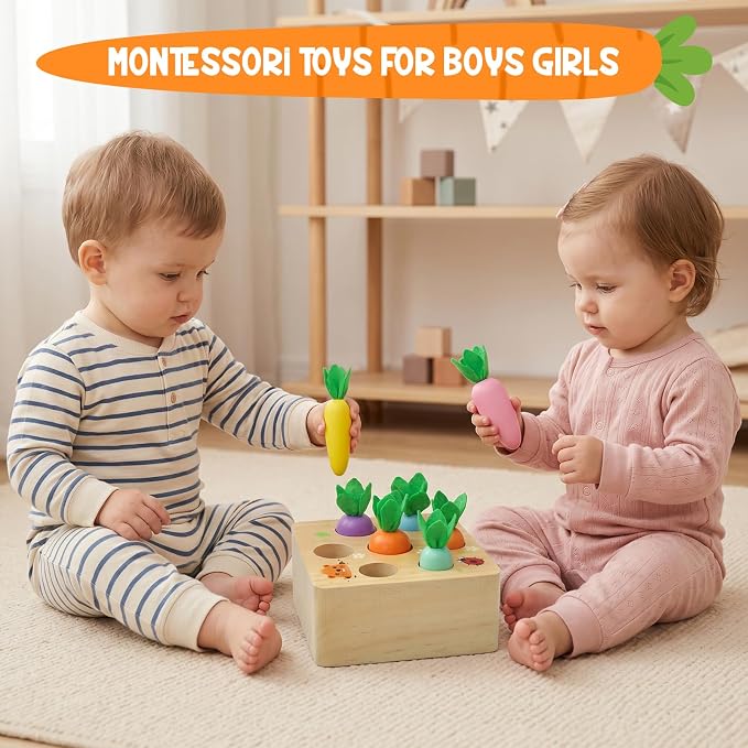 Wdmiya Montessoritoys for 1 Year Old, Wooden Toys Developmental Shape Sorting & Matching Puzzle Macaron Carrots Harvest Game, Birthday Gifts for Toddlers Babies Boys and Girls 6-12 Months Christmas