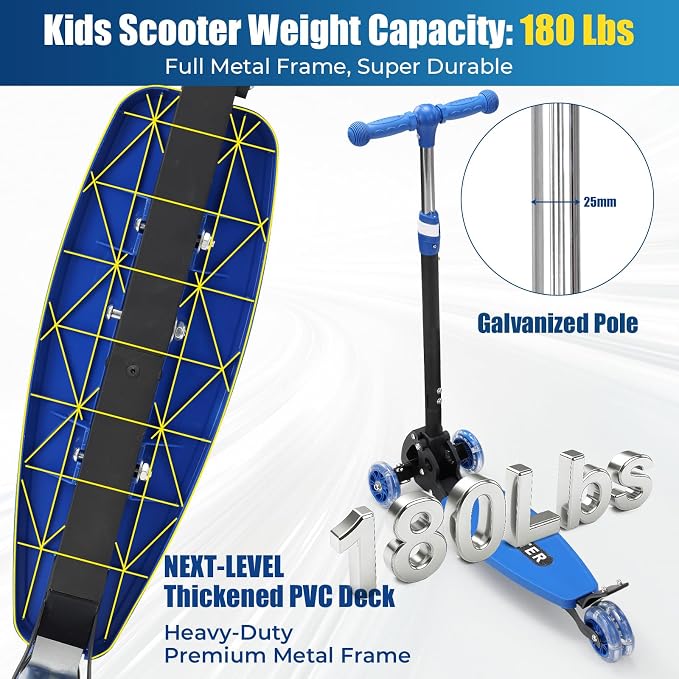 3 Wheel Scooter for Kids Ages 3-12, LED Light-Up Kids Kick Scooter–Portable Foldable, Adjustable Height, Durable Metal Construction, 6" Extra Wide Deck for Outdoor Activities,Child Safety Certified