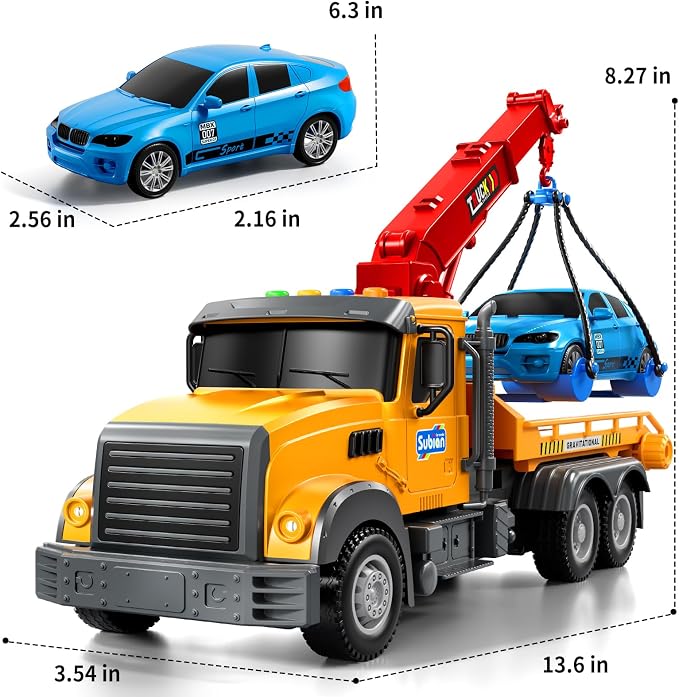 JUKUDAHU Tow Trucks for Toddlers 2-4 Years Old - Flatbed Truck Toy for Kids Aged 3-5 4-8,Friction Powered Transport Crane Toy with Light and Sound, Racing Car, Birthday Gifts for Boys Girls