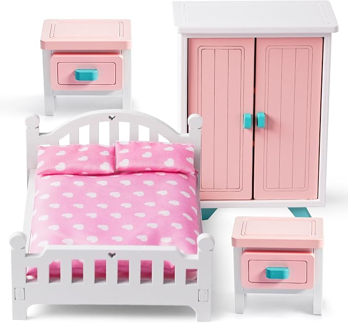 BABESIDE Mini Dollhouse Bedroom Furniture Set,7 PCS Pink Wooden Doll House Accessories for 3 Inch Dolls with Bed, Nightstands, Wardrobe, Pillows & Mattress – Gift for Girls, Kids Miniature Room Toy