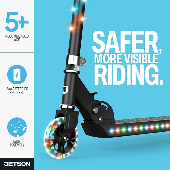 Jetson Jupiter Kids 2-Wheel Light-Up Kick Scooter, LED Lights on Handlebar, Stem, Wheels & Deck, Adjustable Handlebar, Rear Brake, Easy-Folding Mechanism, Ages 5+