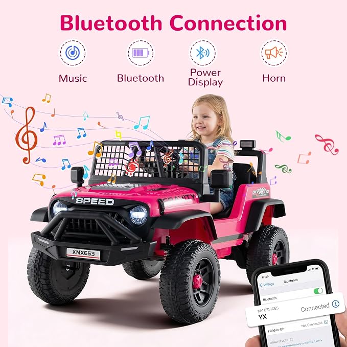 OLAKIDS 24V Ride on Car with Remote Control, Bluetooth, LED Lights, Horn, Spring Suspension, High/Low Speeds, Soft Start for Kids Aged 3+ (Pink)