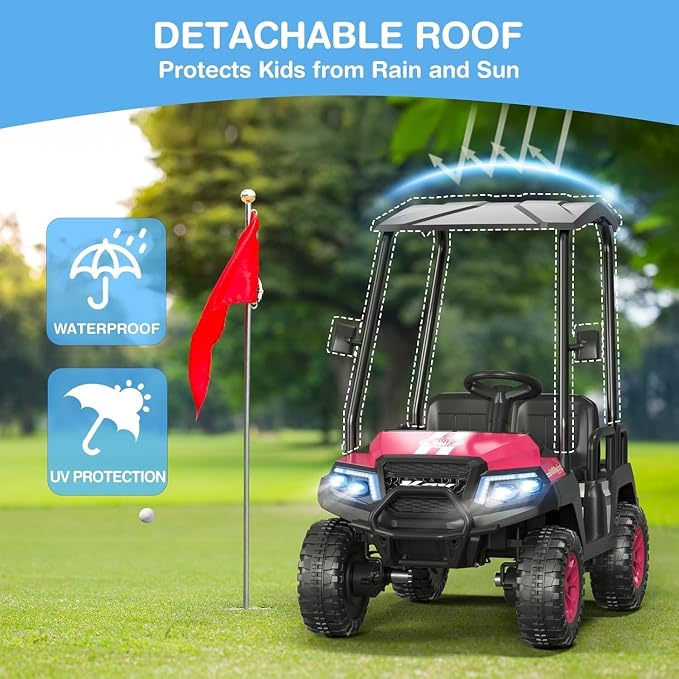 LIGIANT 24V Ride on Car for Big Kids, 4-Seaters Ride on Golf Cart, Max. Capacity: 264 Lbs(4 Kids), 4WD Kid's Car w/Remote Control, Detachable Awning, Spring Suspension, Music/Story/Power Display