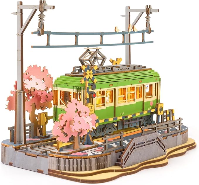 Rolife 3D Wooden Puzzle for Adults, Sakura Journey Tram DIY Model Building Kits with LED Lights, Creative Kids Craft Hobby Gift and Brain Teaser Home Decor Assembly Toy