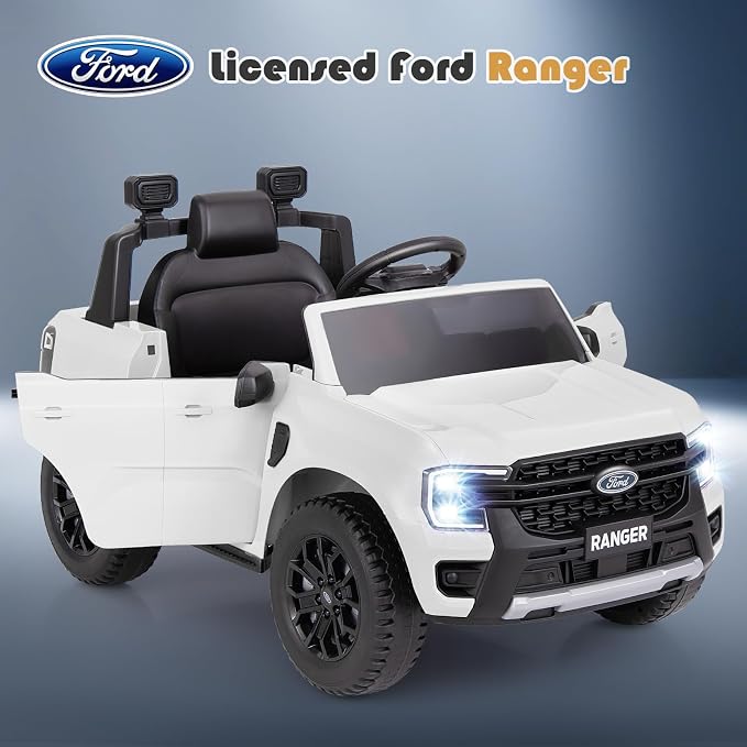 Licensed Ford Ranger Ride on Pickup Truck by INFANS, 12V Battery Powered Electric Vehicle for Kids with Remote Control, Headlight, Power Display, Bluetooth, MP3, Music, Aged 3-6 Years (White)