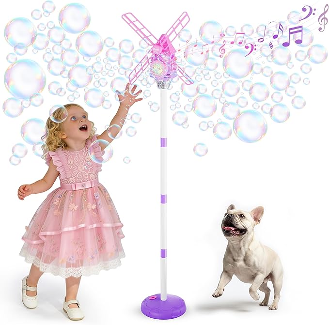 Belemar Windmill Bubble Machine for Kids, Summer Pool Party Bubble Blower with Lights & Music, 51" Adjustable Height, 130ml Tank, Bubble Solution Included, Outdoor Toy for Parties & Birthdays