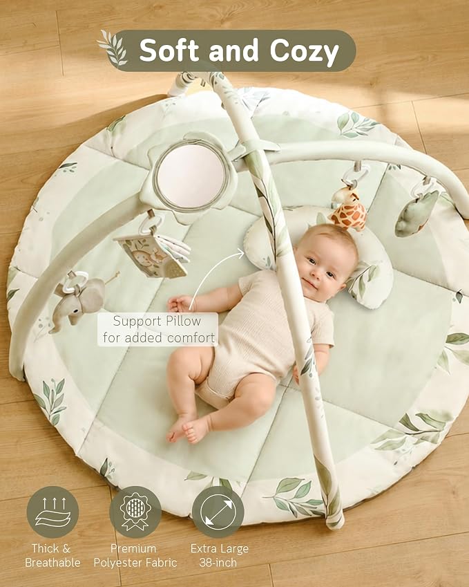 Fortella Baby Play Gym & Activity Mat, Machine Washable & Foldable Tummy Time Mat with 5 Detachable Toys, Certified Safe Newborn Essentials Gift for Baby Registry 0-12 Months (Sage Green)