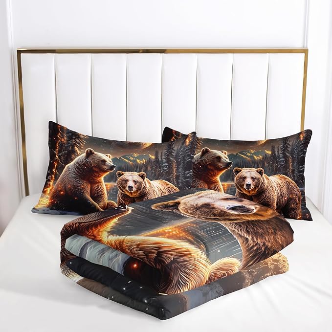 AILONEN Boys Rustic Bear Bedding Set Queen Size,Starry Brown Bear Comforter with 2 Pillowcases,3-Piece Snow Animal Soft Duvet Set