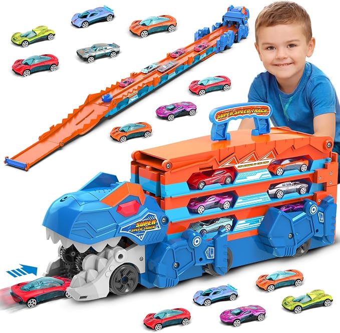 VATOS Toddler Truck Toy - Ejection Folding Dinosaur Track, Portable Truck Car with 8 Race Cars, Best Gift Toy Cars Set for Toddlers 3 4 5 6 7 Years Old
