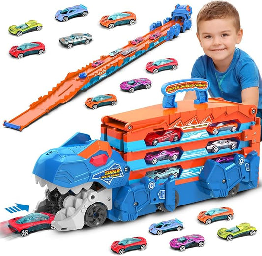 VATOS Toddler Truck Toy - Ejection Folding Dinosaur Track, Portable Truck Car with 8 Race Cars, Best Gift Toy Cars Set for Toddlers 3 4 5 6 7 Years Old
