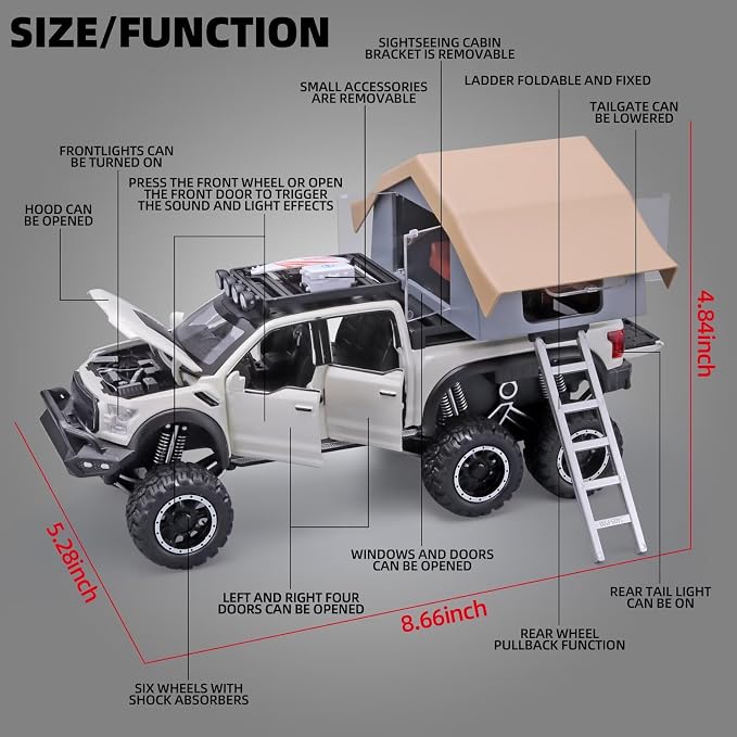 OANMYJJO Toy Trucks for Boys Age 4-7,Trucks for Kids F150 Diecast Truck,Model F150 Pickup Truck with Sightseeing Cabin,Pull Back Cars with Light and Sound,Trucks for Kids Ages 4-8（White）