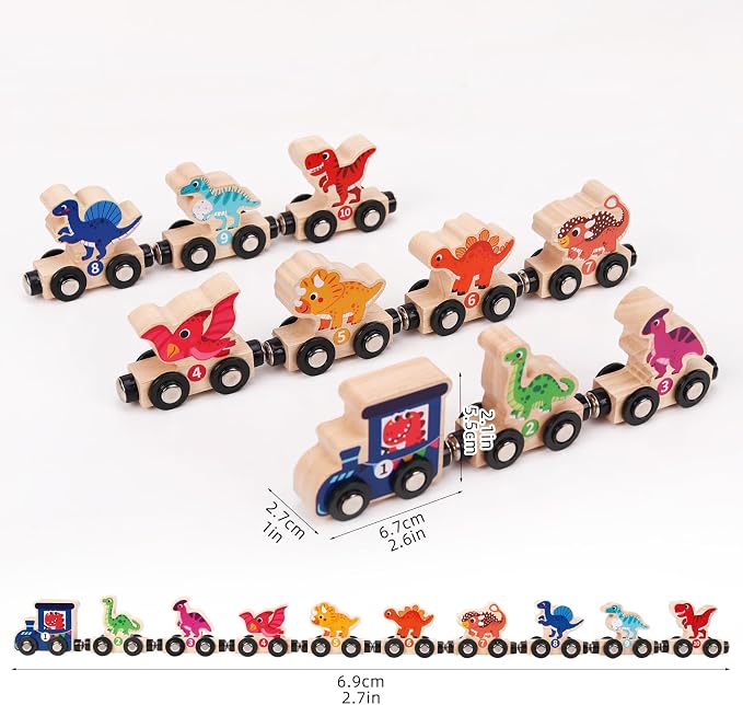 Magnetic Wooden Dinosaur Train Set, 11 Piece Montessori Toys for Toddlers, Preschool Educational Material for Kids, Birthday Gifts for Boys and Girls