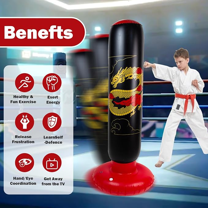 Onirii Kids Inflatable Punching Bag | Large Stable Kids Inflatable Boxing Bag Toy Set with Gloves for Boys & Girls Age 3-12 for Taekwondo,MMA and Practicing Karate