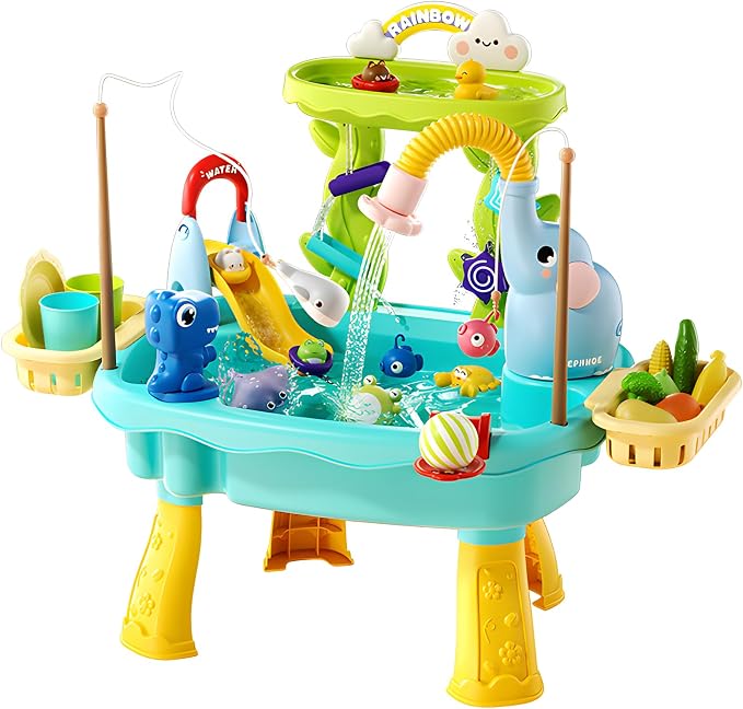 2027 Upgraded 4-in-1 Water Table for Toddlers 2-3, Kids Sensory Table with Electric Water Pump & Faucet, Kitchen Play Sink Toys with Food Accessories, Fishing Toy (NEW Blue)