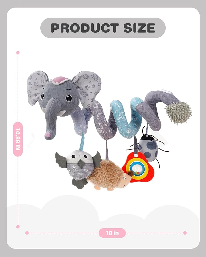 Jollybaby Crib Stroller Car Seat Toys for Baby 0-3-6-9-12 Months, Tummy Time Hanging Sensory Toys for Newborn with Music Box and Teether, Spiral Carseat Toy for Boys Girls Gifts (09-Sz Gray Elephant)