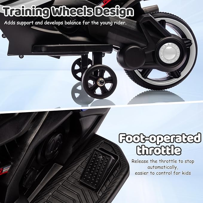 Kids Ride On Motorcycle, 6V Battery Powered Electric Motorcycle, w/Treaded Tires, Horn, Working Headlight, Music, Training Wheels, Stable Ride On Toys for Kids Toddler Boys Girls 3-6, White