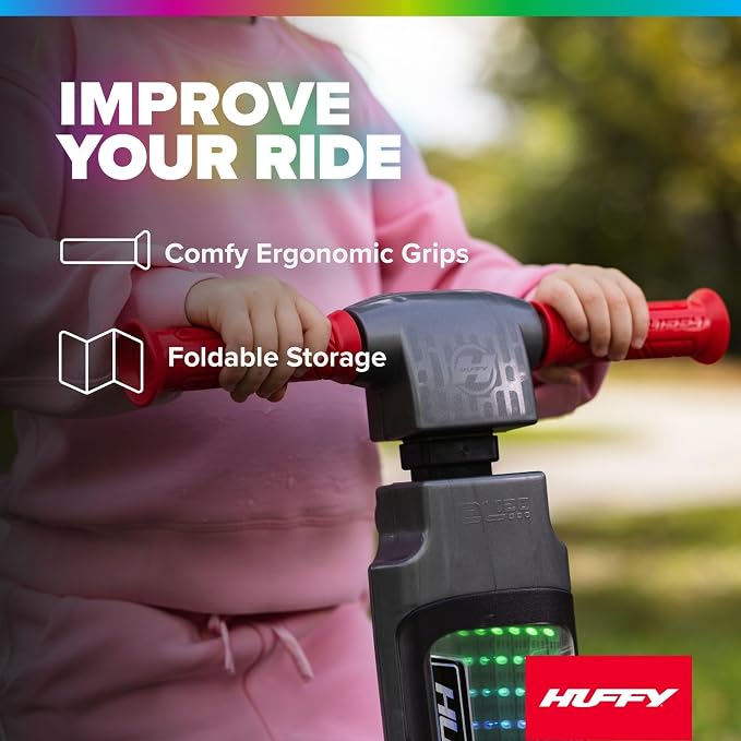 Huffy Light Up Inline Scooter for Kids, 2 Wheel Kick Scooter with LED Lights and Rear Brake, Foldable, Adjustable Handlebar on Select Models, Durable Frame, Licensed Character Graphics