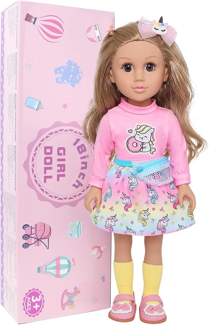 Ecore Fun 18 Inch Girl Doll with Clothes Accessories, Fashion Doll with Styling Brown Hair, Unicorn Hair Clip, Phone, Bag, Outfit & Shoes, Gift Ready for Birthday & Pretend Play
