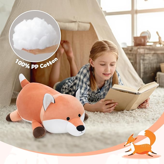 MorisMos 23.6" Red Fox Stuffed Animal, Cute Fox Plush Pillow, Fluffy Fox Pillow for Sleeping, Squishy Cuddle Buddy and Supportive Lumbar Cushion, Christmas Valentine’s Birthday Gift for Kids & Adults