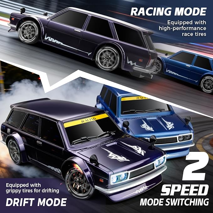 RC Drift Car, 1/24 Remote Control Drift Car for Adults Kids, 20KM/H 4WD Low/High Speed RC Cars with LED Lights, Extra Drifting Tires, Vehicle for Boys Girls Beginners Indoors Outdoors Purple