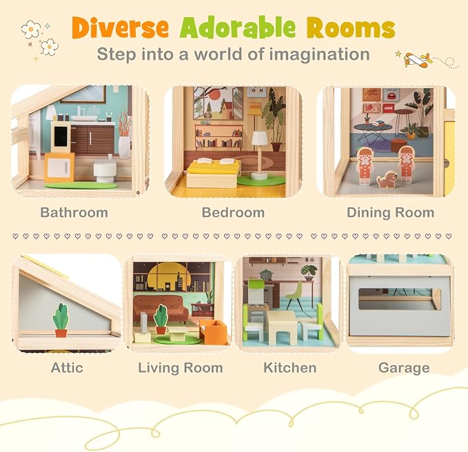 HONEY JOY Doll House, Wooden Dollhouse Playset w/7 Rooms, 21 Accessories & Miniature Furniture, Pretend Play Toys Kit, 2.46 Feet Big Doll House, Christmas Birthday Gift for Girls Boys Age 3+