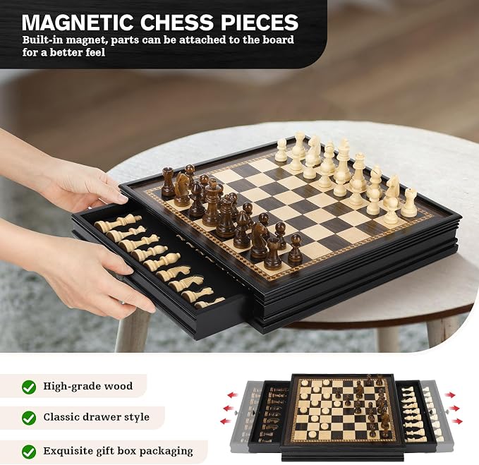 Peradix Magnetic Chess and Checkers Set with 2 Built-in Storage Drawers, Classic 2 in 1 Wooden Board Games, Magnetic Chess Pieces 2 Extra Queens, 12.8" Chess Set for Adults and Kids Gift Package