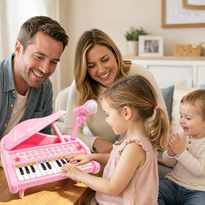 Love&Mini Pink Piano Toys for 1+Years Old Girls First Birthday Gifts Toddler Piano Music Toy Instruments with 24 Keys and Microphone