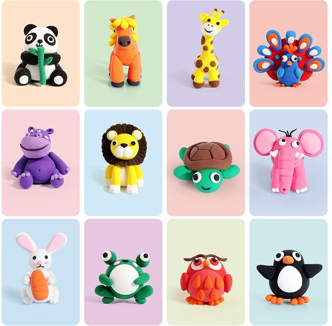 Air Dry Clay Kit for Kids, 12 Animals Modeling Clay for Kids, Molding Clay with Tutorial Cards & Video, 8 Sculpting Tools, Ultra Light, Safe & Non-Toxic, DIY Arts and Crafts Toys Gifts for Boys Girls
