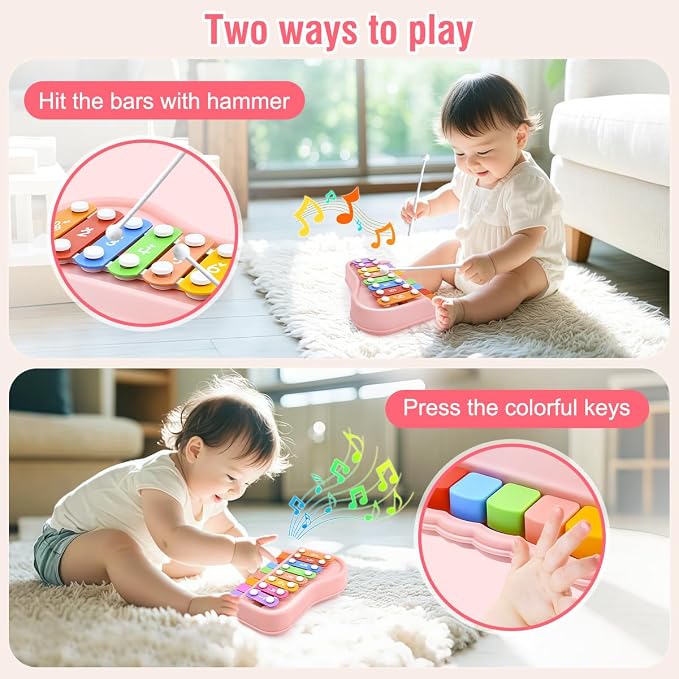 Pink 2-in-1 Toddler Xylophone Piano Toy, Toddler 8 Key Musical Instrument with Mallets & Music Cards, Montessori Educational Gift for Girls Ages 1-3