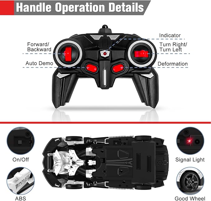 BLUEJAY Transform Rc Cars for Boys 4-7 8-12, 2.4Ghz 1:18 Scale Remote Control Car Transforming Robot, One-Button Deformation 360° Rotation and Drift Car Toy Gifts for Boys 3-5 (White)