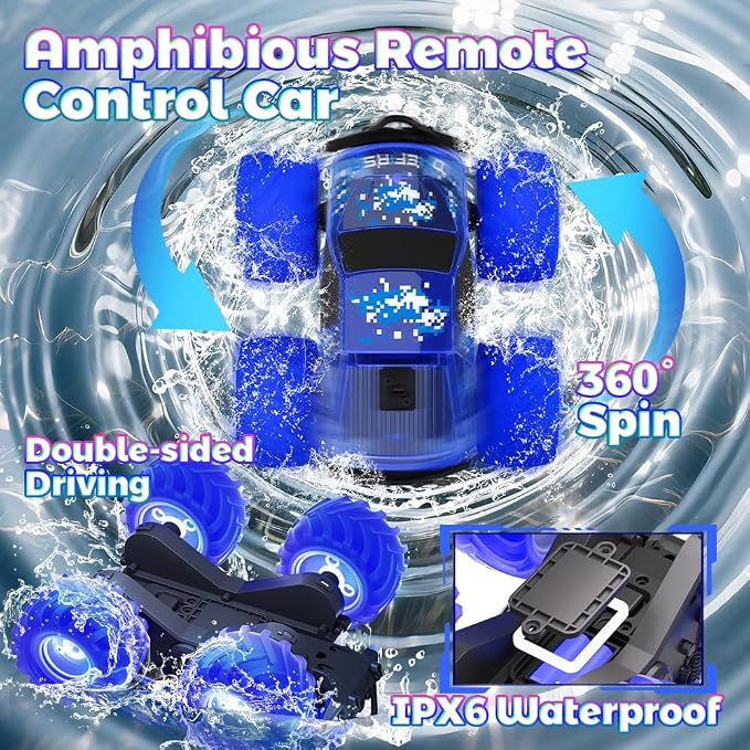Drefirsa Amphibious Monster Truck Toy, Waterproof Remote Control Car, 4WD Off-Road RC Truck with Colorful Light, RC Stunt Car Toy for 4-7 8-12 Year Boy Birthday Gift Present